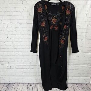 Carole Little Petite Black Embroidered Sweater Dress Cardigan Set Womens Vintage